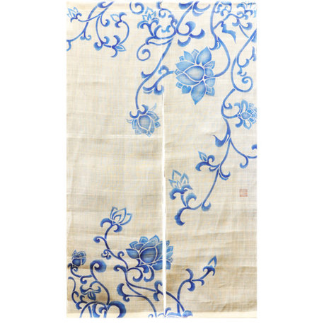 Blue Lotus Blossom White Noren Curtain