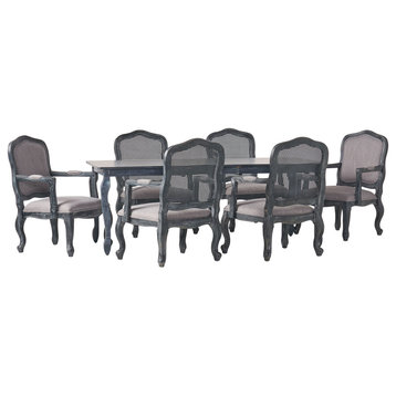 Bonview Fabric Upholstered Wood and Cane Expandable 7-Piece Dining Set, Gray