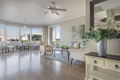 Example of a transitional living room design in Tampa