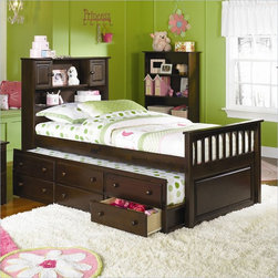 Captain's Bookcase Bed with 3 Drawer Trundle Bed in Antique Walnut Finish - Kids Beds