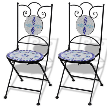 vidaXL Folding Bistro Chairs 2 pcs Outdoor Patio Chair Ceramic Blue and White