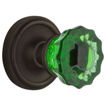 Classic Rosette Privacy Crystal Emerald Glass Knob, Oil-Rubbed Bronze
