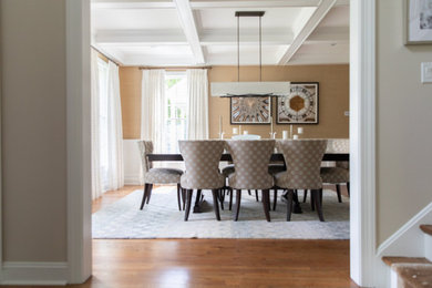Inspiration for a mid-sized transitional medium tone wood floor, coffered ceiling and wallpaper kitchen/dining room combo remodel in Philadelphia
