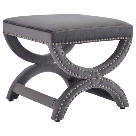 Expound Upholstered Nailhead Trim Velvet Ottoman, Gray