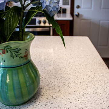 Custom Cherry Kitchen Cabinets with Beaded Inserts, Quartz Countertop