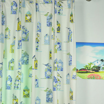 Birdhouses Versatile Pleat Printed Cotton Curtain Heading Cerulean Frost Color