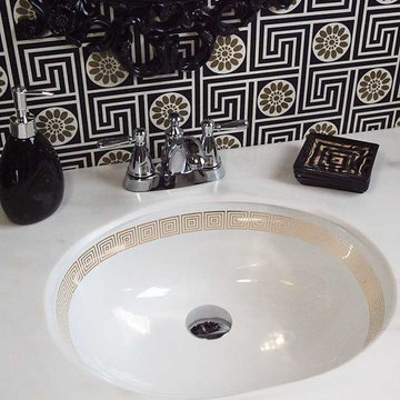 Gold Geometric Border Painted Sink in Black & Gold Powder Room