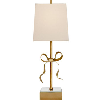 Ellery Table Lamp, 1-Light, Gros-Grain Bow, Brass, Cream Linen Shade, 22.75"H