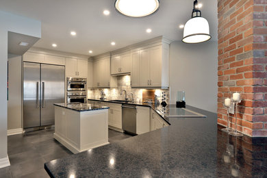 Inspiration for a mid-sized transitional u-shaped ceramic tile and gray floor open concept kitchen remodel in Toronto with shaker cabinets, stainless steel appliances, an island, a double-bowl sink, white cabinets, granite countertops, gray backsplash and ceramic backsplash