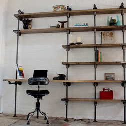 Brooks Reclaimed Scaffolding Board Curved Desk & Shelves with Pipe Supports - Desks & Writing Bureaus