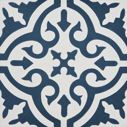 Moroccan Mosaic and Tile House - Ahfir Handmade Cement Tile, Navy Blue/White, Sample - Tile