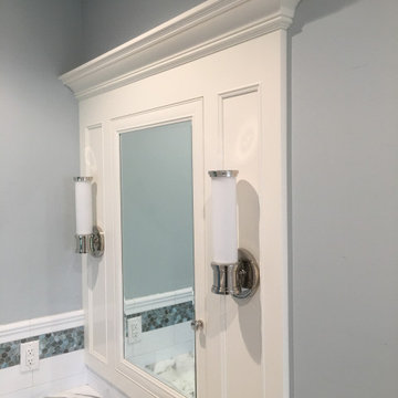 Custom white bathroom vanity and medicine cabinet mirror, transitional design