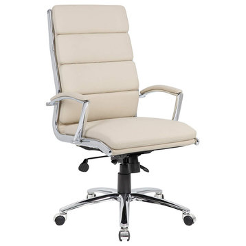 Swivel Office Chair, Chrome Finished Base With Faux Leather Padded Seat, Beige