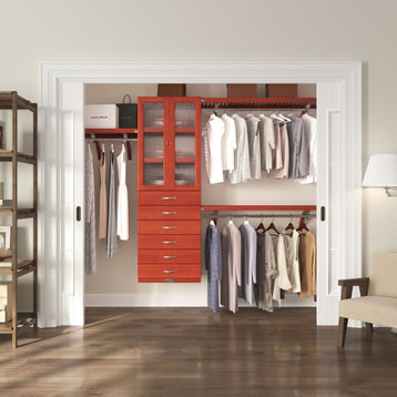 Solid Wood Walk-In Closet Organizer with 6-Drawers and 2-Doors, Red Mahogany