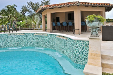 Example of a large tuscan backyard tile and rectangular pool fountain design in Miami