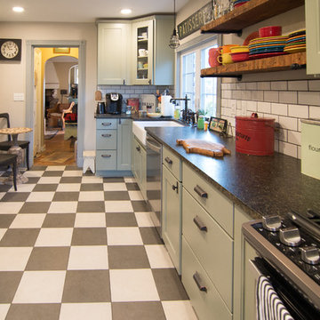 Retro kitchen with checkered floor in Upper St. Clair, PA
