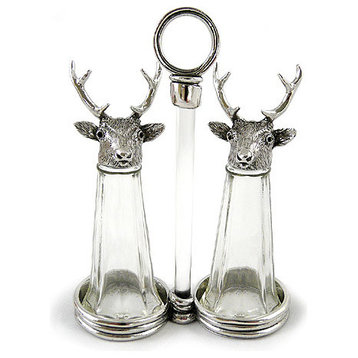 Stags Pewter and Glass Salt and Pepper Shakers Set