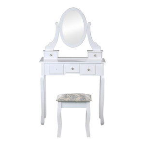 Oval Mirror And Stool Storage Drawers, Viscologic Ivory Wooden Mirrored Makeup Vanity Table