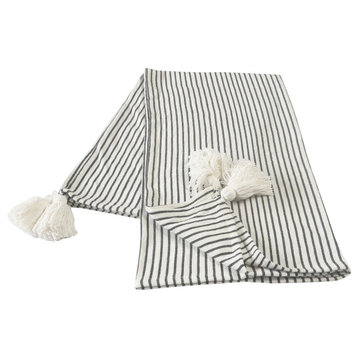 Ivory Striped Throw Blanket with Tassels, Black/Ivory