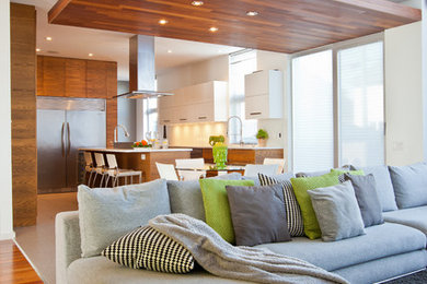 Living room - large modern formal and loft-style medium tone wood floor living room idea in Montreal with white walls