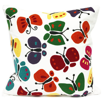 Embroidered Colourful Butterfly Design Throw Pillow, 18" Square