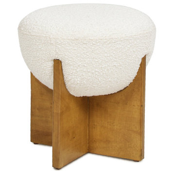 Bali 18.5" Round Upholstered Ottoman with Natural Wood Base, Ivory White Boucle