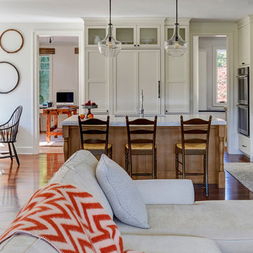 Glass Pendant Lights over Large Center Island