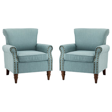 32.5" Wooden Upholstered Accent Chair With Arms Set of 2, Blue