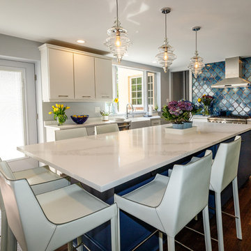 Transitional Kitchen | Oversized Quartz Countertops and Blue Moroccan Backsplash