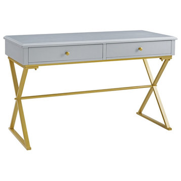 Linon Campaign Two Drawer Wood and Metal Desk in Gray