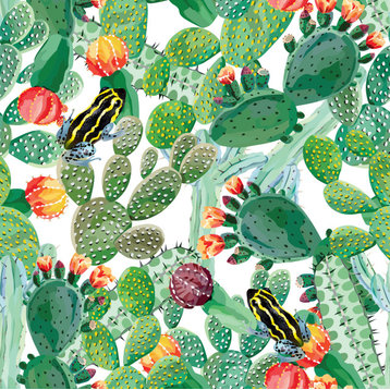 GP1900161 Cactus and Frog on White Premium Peel and Stick Wallpaper Panel
