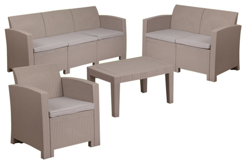 4 Piece Patio Wicker Sofa Set 2 Rattan Chairs and Loveseat with Table-Brown