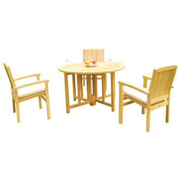 4-Piece Outdoor Teak Dining Set: 48" Butterfly Table, 3 Wave Stacking Arm Chairs