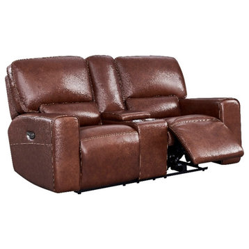Leather Lusso Hudson Modern Genuine Leather Console Loveseat in Brown