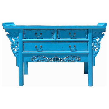 Distressed Light Blue 3 Drawers Foo Dogs Carving Side Altar Table Hcs6118