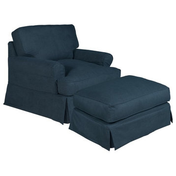 Sunset Trading Horizon T-Cushion Fabric Slipcover Chair & Ottoman in Navy Blue