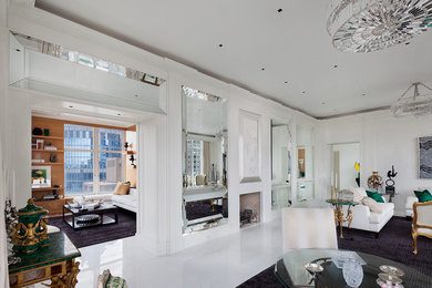 Large trendy formal and open concept living room photo in New York with white walls and a stone fireplace