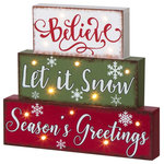 Glitzhome,LLC - 11.81" LED Lighted Wooden/Metal Block Word Sign, 14 Bulbs - The blocks are skillfully crafted by hand starting with cutting the solid wood to size, sanding the raw materials, and hand painting the base.And It has lots of led light on surface,a winter message of ""Believe,Let it Snow,Season Greetings"" in white and red lettering with a mixture of winter colored backgrounds is sure to send a warm message for the festive season.