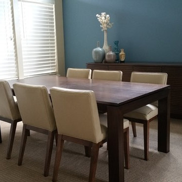 residential home, walnut media center, server table,and dinning table