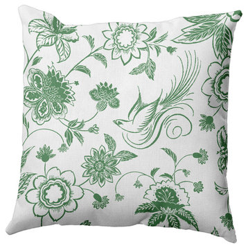 Traditional Bird Floral Polyester Indoor Pillow, Green, 18"x18"