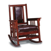 Wood Rocker Chair With Leather Padded Seat and Back, Dark Oak