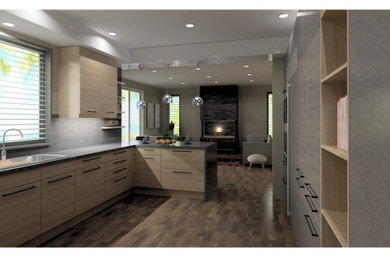 Example of a large transitional u-shaped dark wood floor, brown floor and coffered ceiling kitchen design in Los Angeles with a double-bowl sink, flat-panel cabinets, medium tone wood cabinets, quartz countertops, gray backsplash, quartz backsplash, paneled appliances, an island and gray countertops