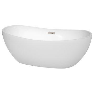 65" Freestanding Bathtub, White With Brushed Nickel Drain and Overflow Trim