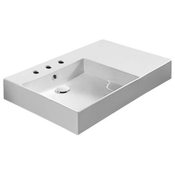 Rectangular Ceramic Wall Mounted or Vessel Sink With Counter Space, Three Hole
