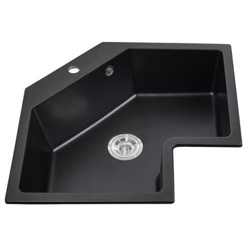 25" Drop In Corner Kitchen Sink Modern Single Bowl Quartz Irregular Sink, Black