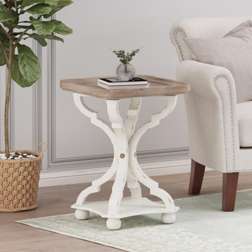 Douglas French Country Accent Table With Square Top, Natural/Distressed White