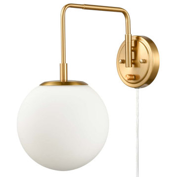 Plug-in Brass Wall Sconce Opal Globe Glass Modern Wall Sconce