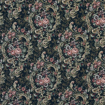 Navy Gold And Burgundy Floral Tapestry Upholstery Fabric By The Yard