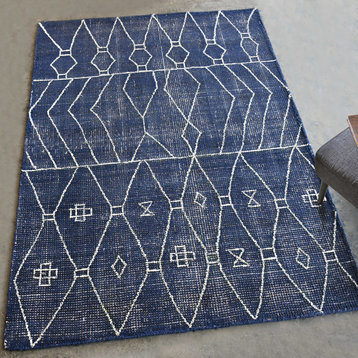 Geometric Tribal Indigo Blue Wool Area Rug 8x10 White Faded MidCentury Graphic