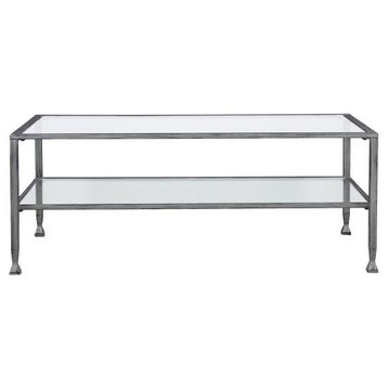 Jaymes, Glass Rectangular Open Shelf Cocktail Table, Silver Distressed/Black